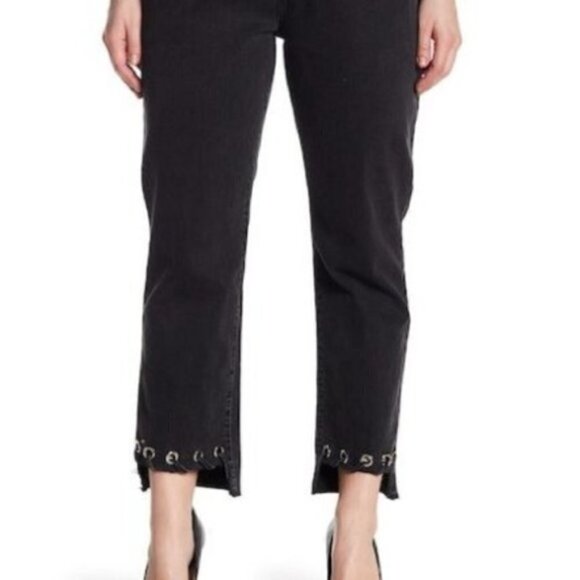 Glamorous Jeans Black Denim High Waist Grommet Frayed Step Hem size Medium - Picture 2 of 16